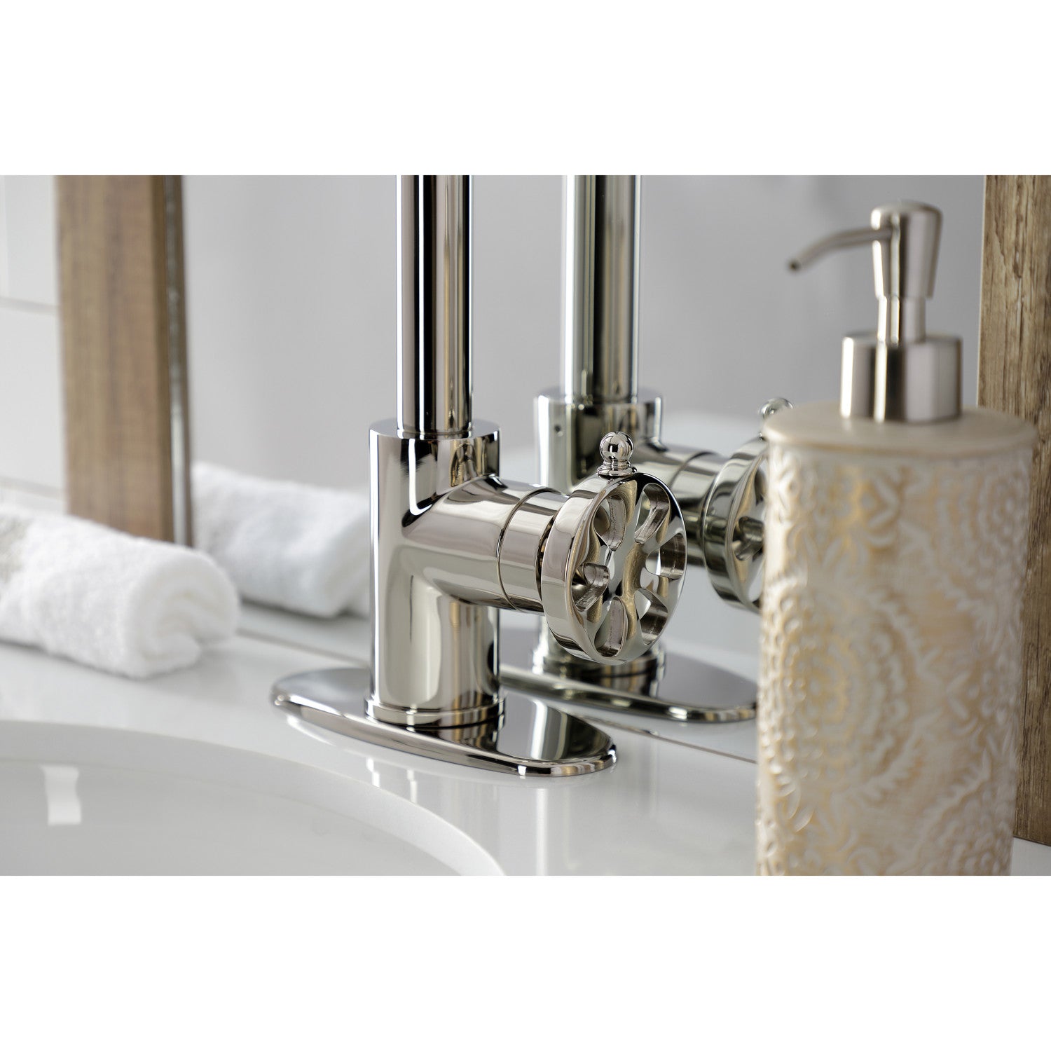 Kingston Sona KSD144RXPN - Belknap One-Handle 1-Hole Bathroom Faucet with Deck Plate and Push Pop-Up Drain, Polished Nickel — thumbnail 2